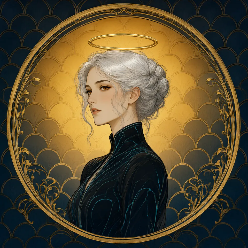 CIRCE: an art nouveau portrait of a woman with silver-white hair in a soft updo, a plain gold ring halo above her head, wearing a dark high-collar jacket with fine cyan seams, framed in a gold circle.